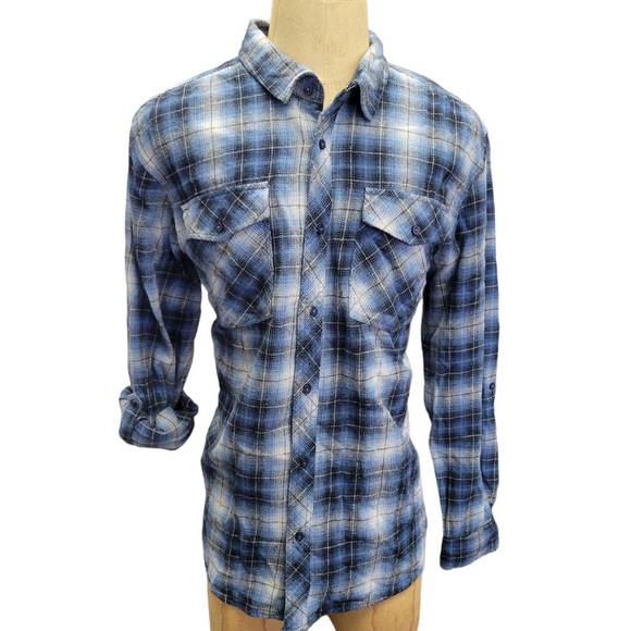 NEW SILVER JEANS CO men's plaid long roll tab sleeve shirt in blue - Picture 1 of 8